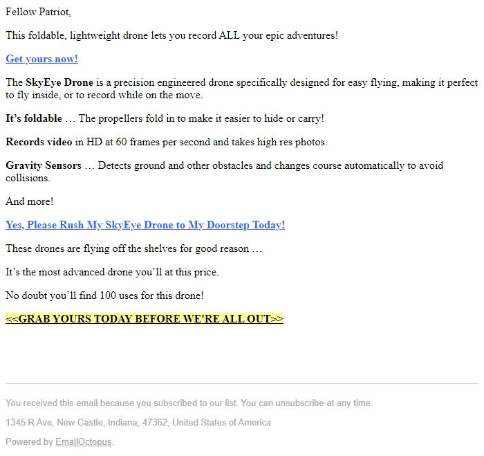 Screenshot of the email generated on import