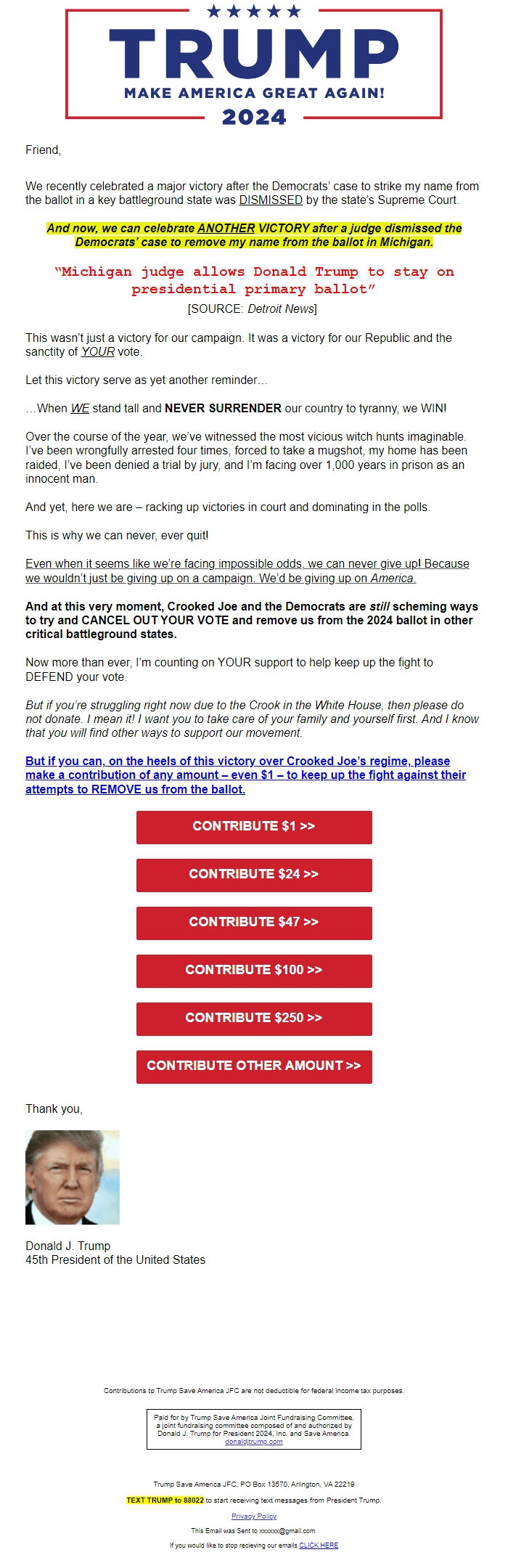 Screenshot of the email generated on import