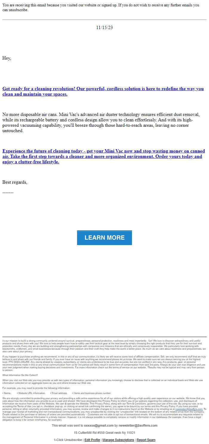 Screenshot of the email generated on import
