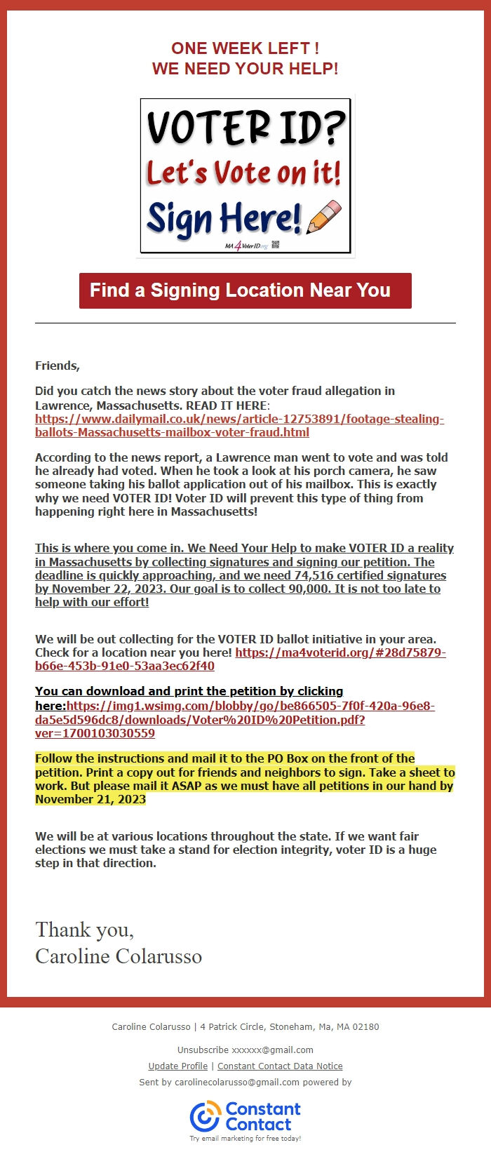 Screenshot of the email generated on import