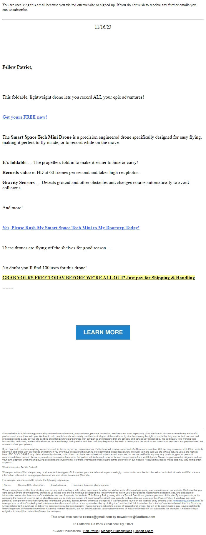 Screenshot of the email generated on import