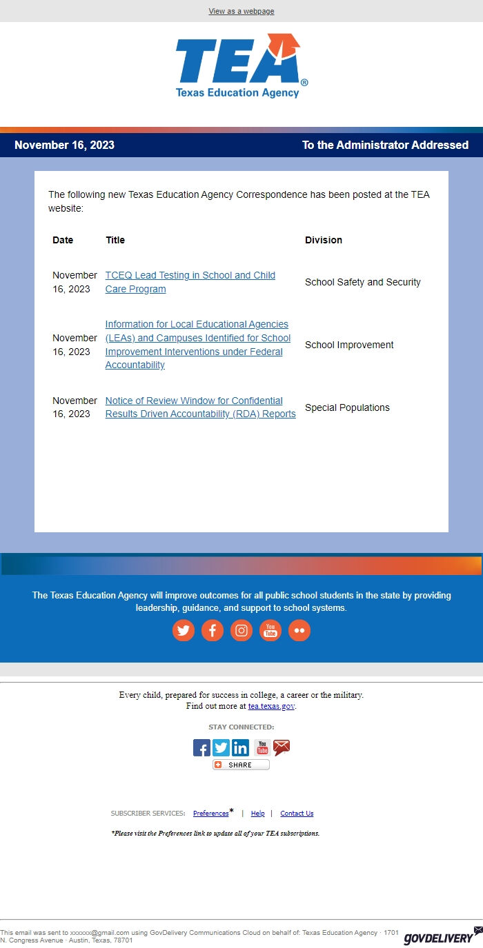 Screenshot of the email generated on import