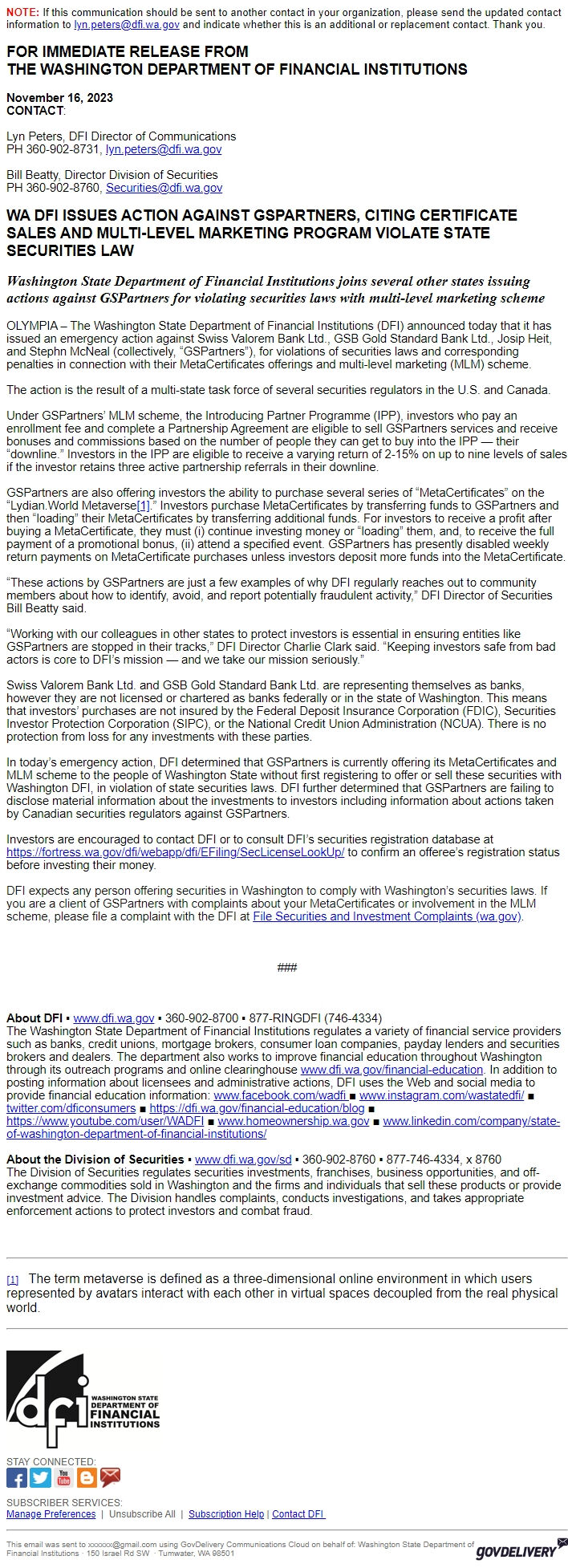 Screenshot of the email generated on import