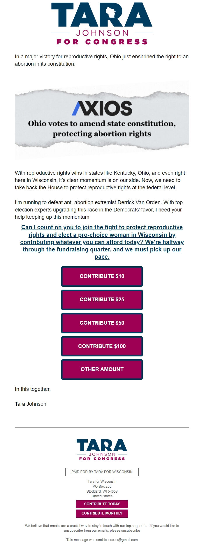 Screenshot of the email generated on import