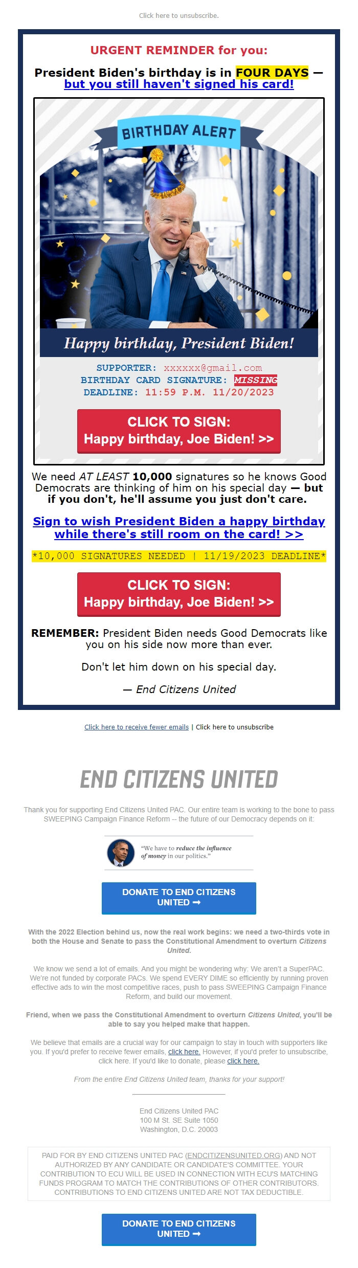Screenshot of the email generated on import