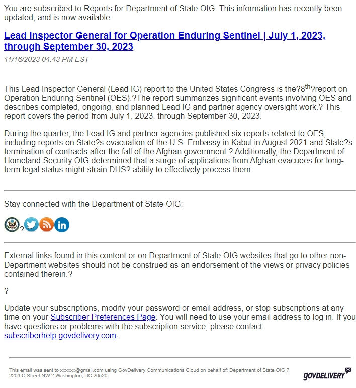 Screenshot of the email generated on import