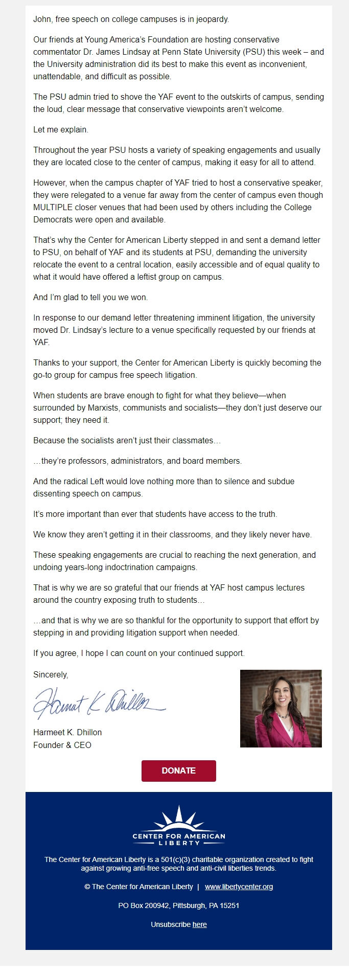 Screenshot of the email generated on import