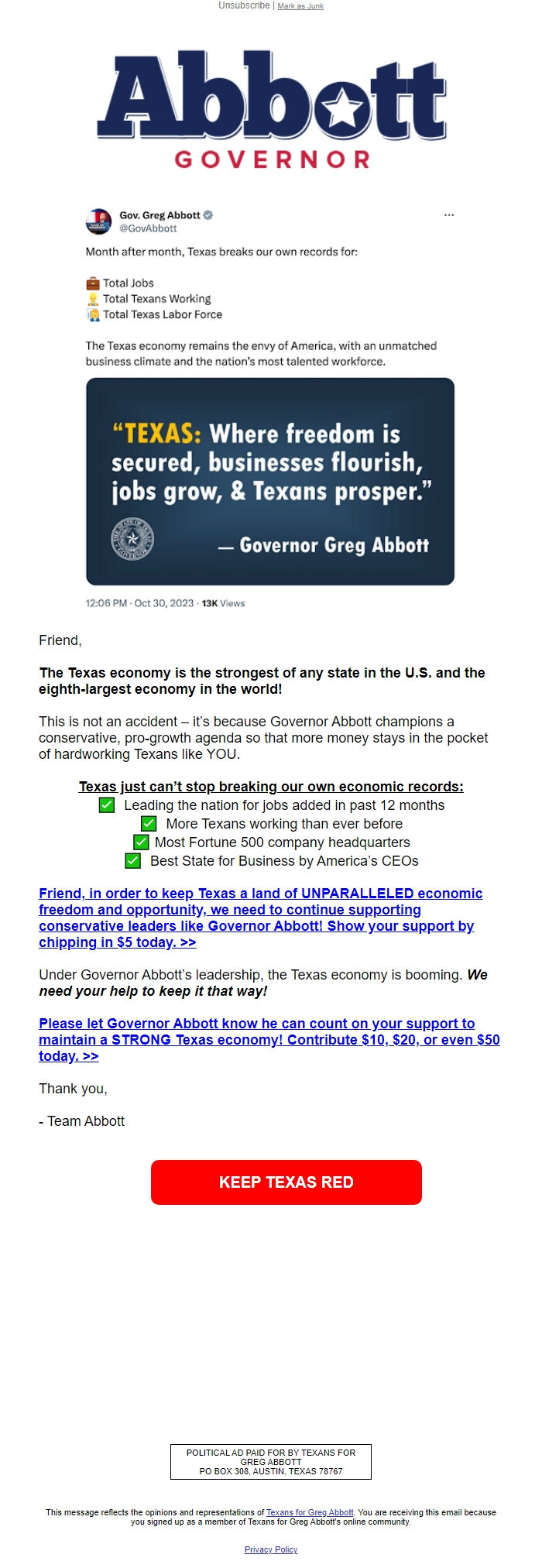 Screenshot of the email generated on import