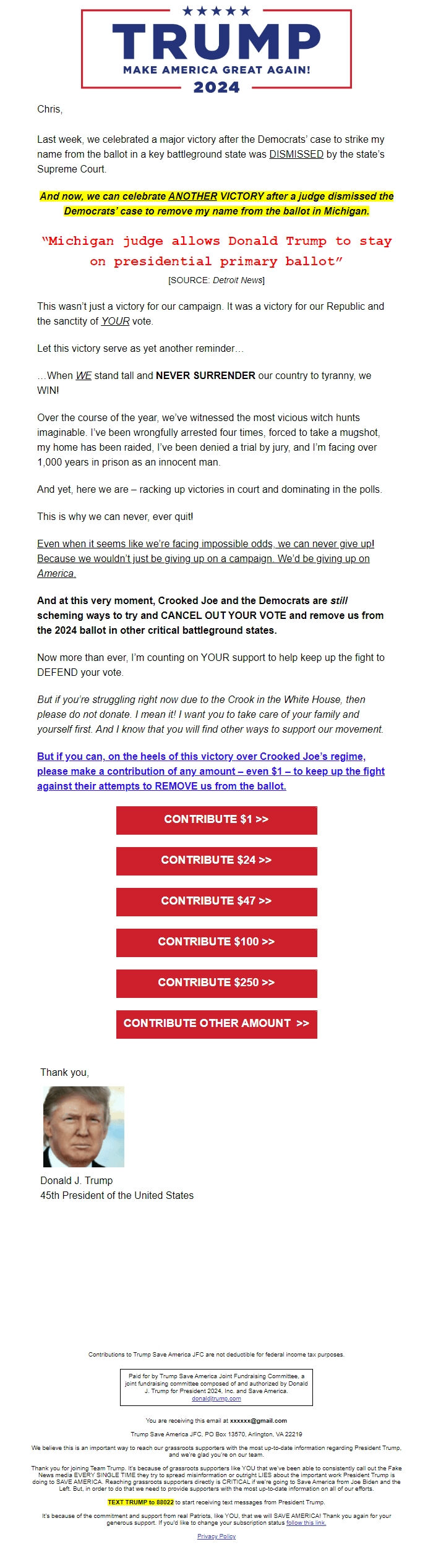 Screenshot of the email generated on import