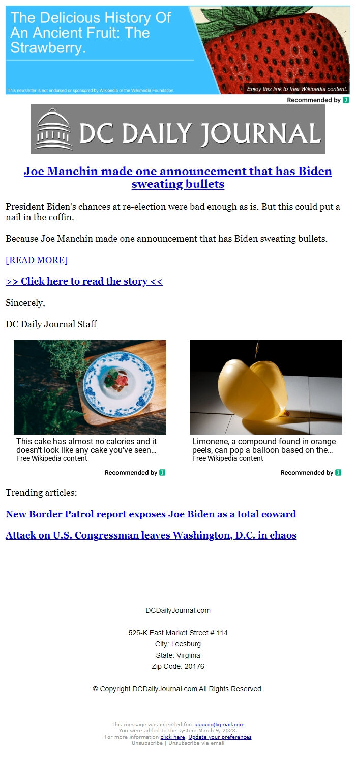 Screenshot of the email generated on import