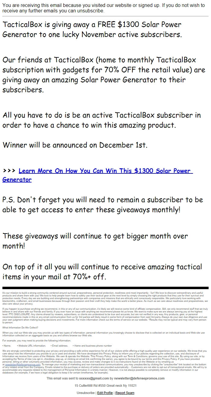 Screenshot of the email generated on import