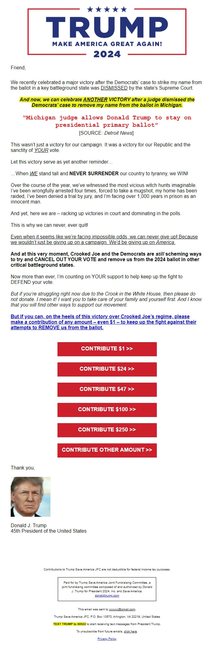 Screenshot of the email generated on import