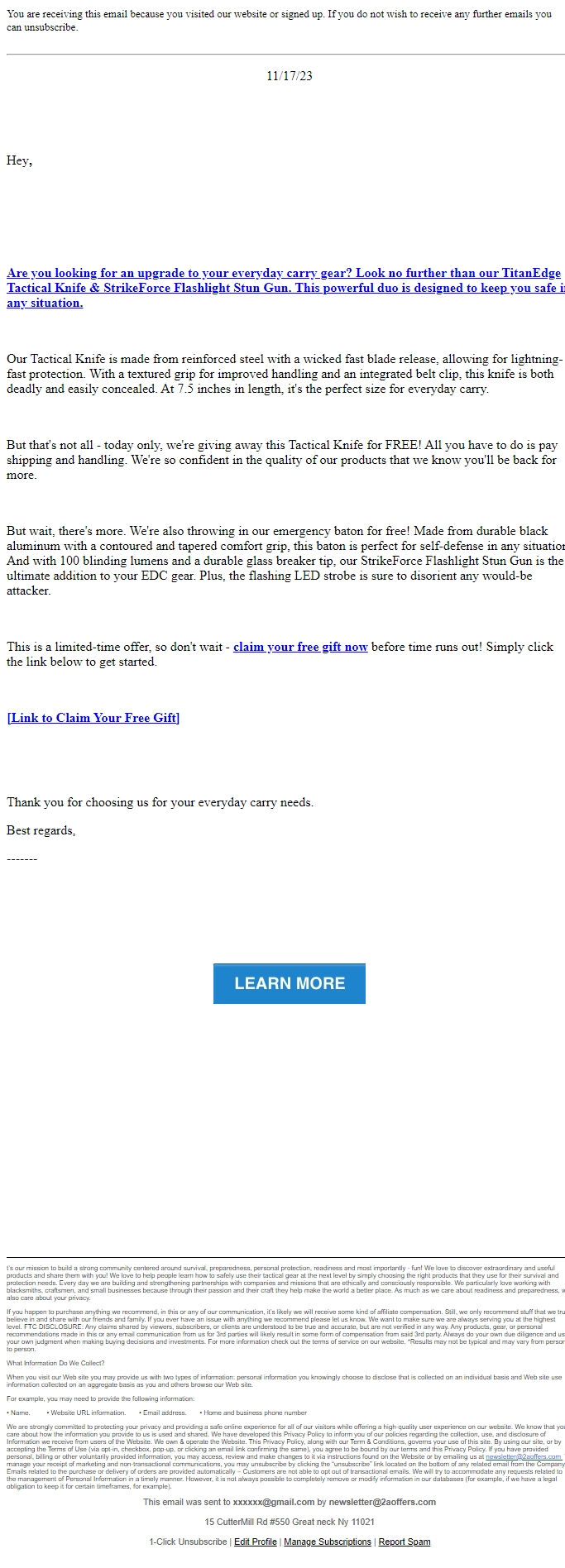Screenshot of the email generated on import