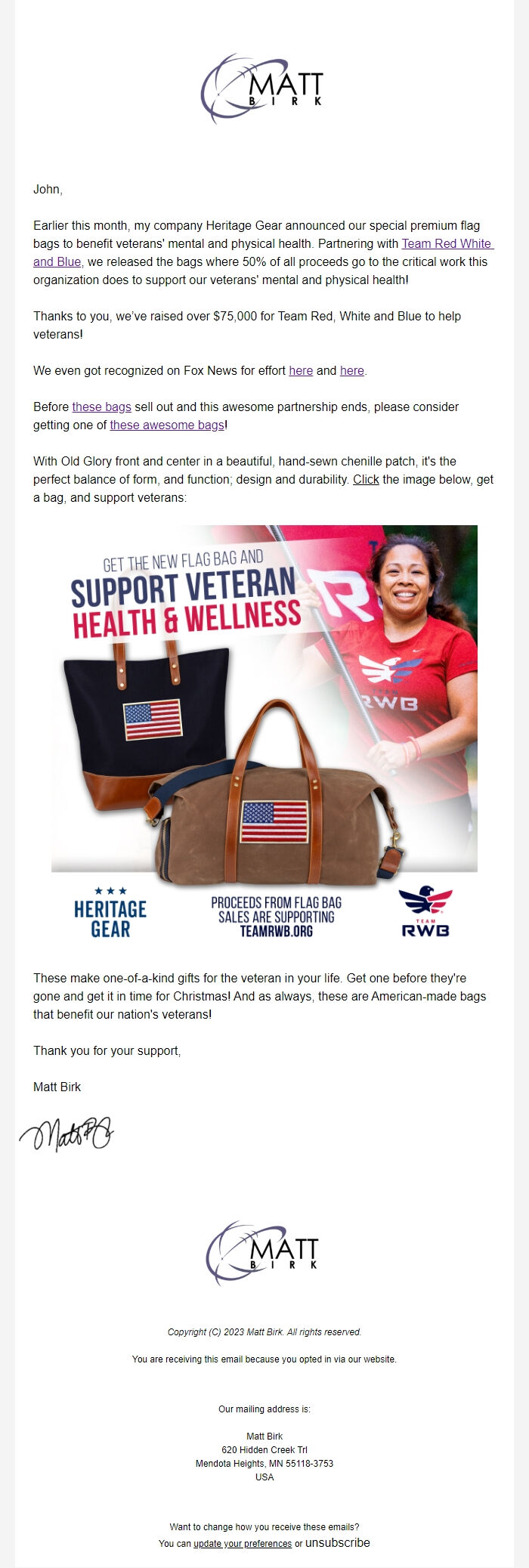 Screenshot of the email generated on import