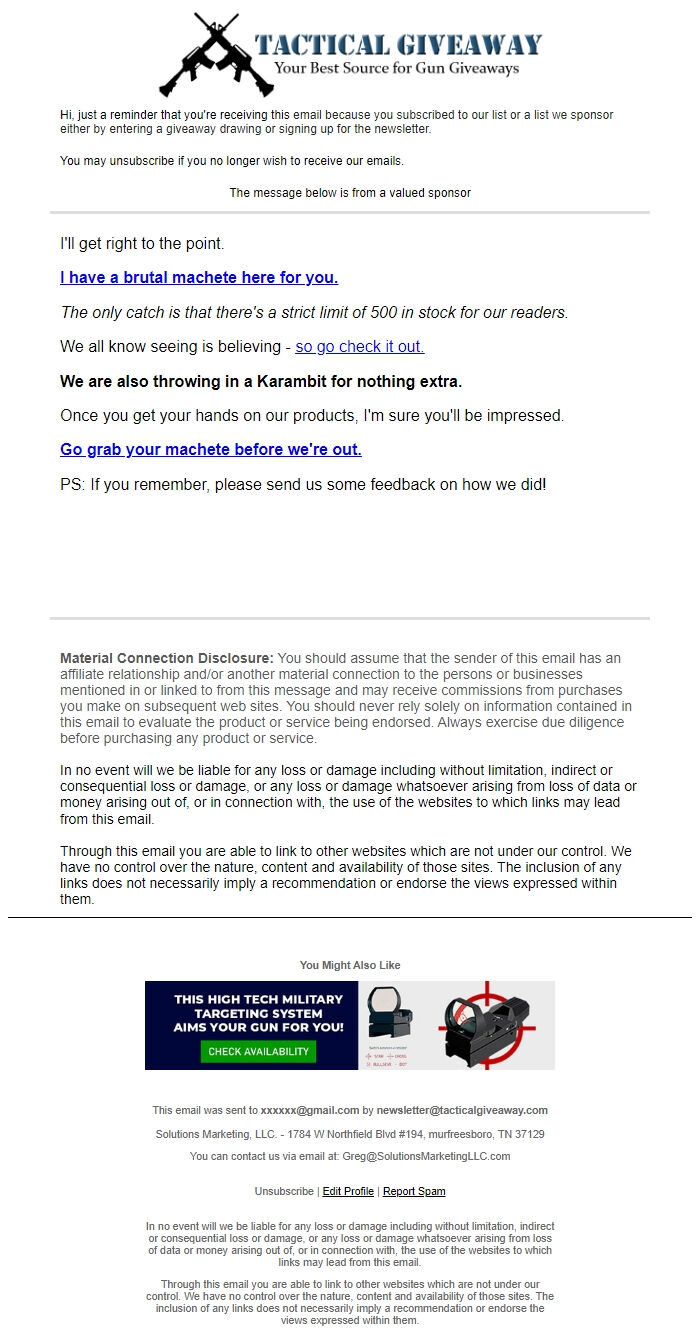 Screenshot of the email generated on import
