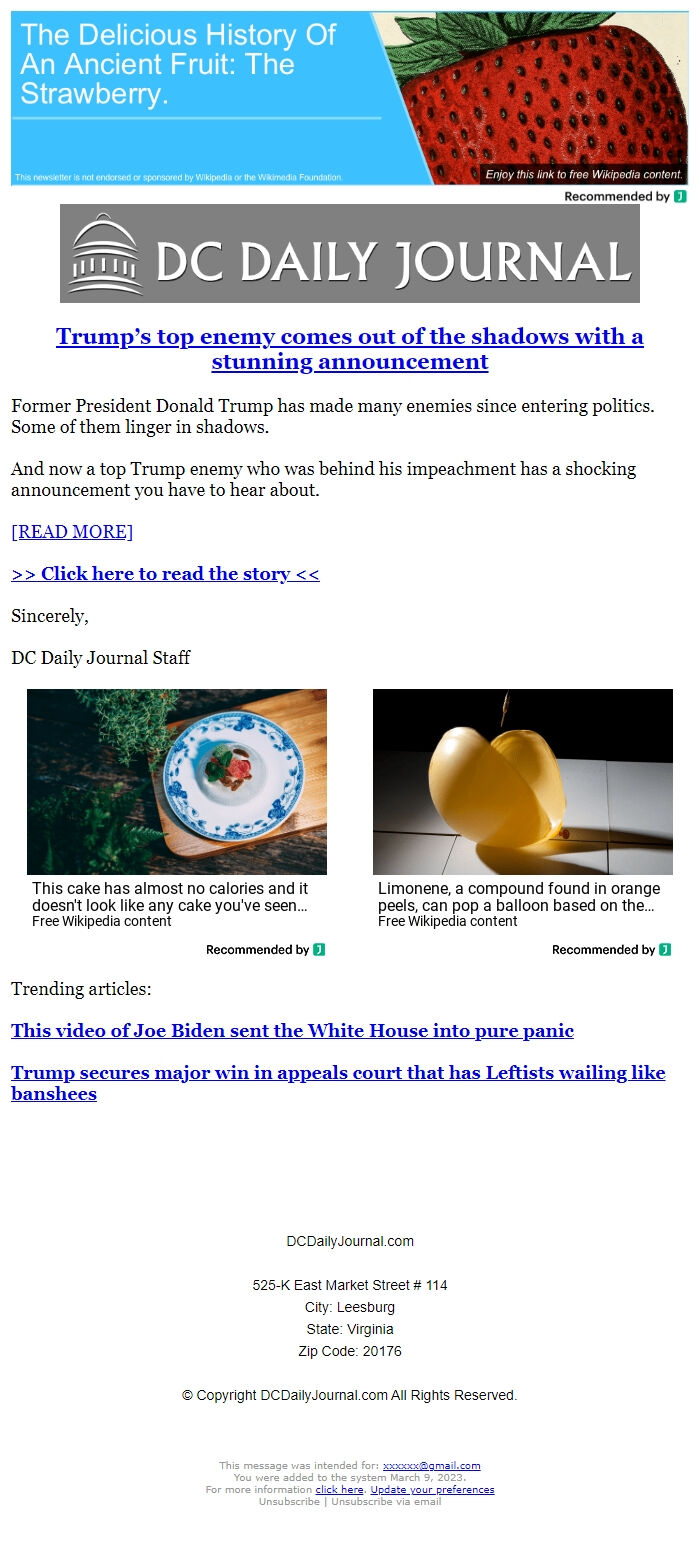 Screenshot of the email generated on import