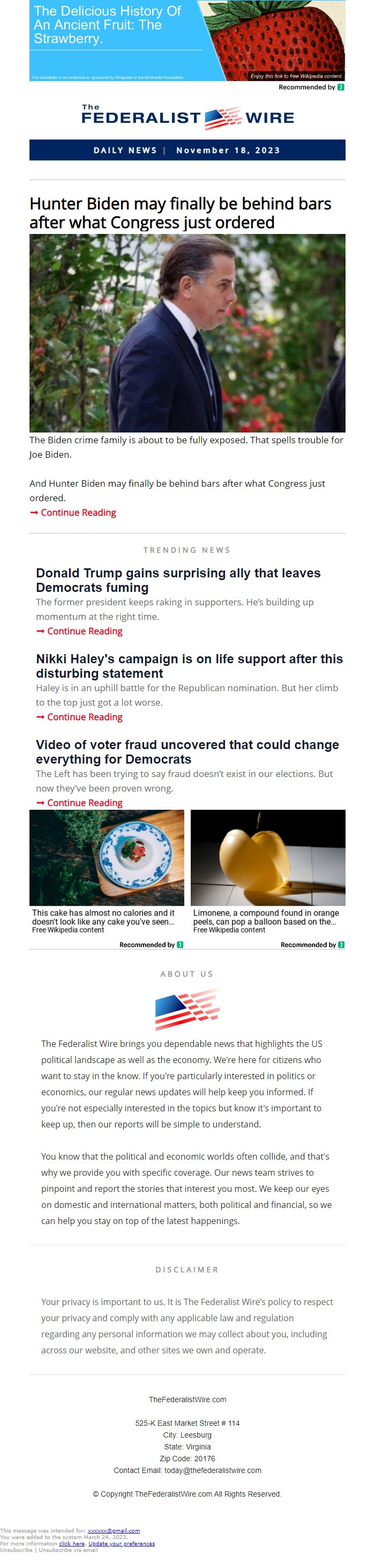 Screenshot of the email generated on import