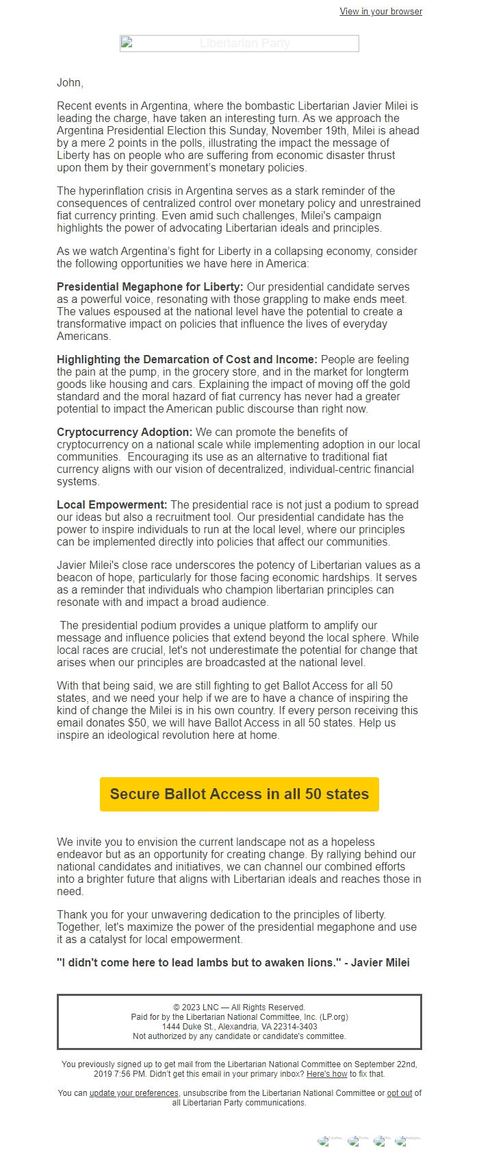 Screenshot of the email generated on import
