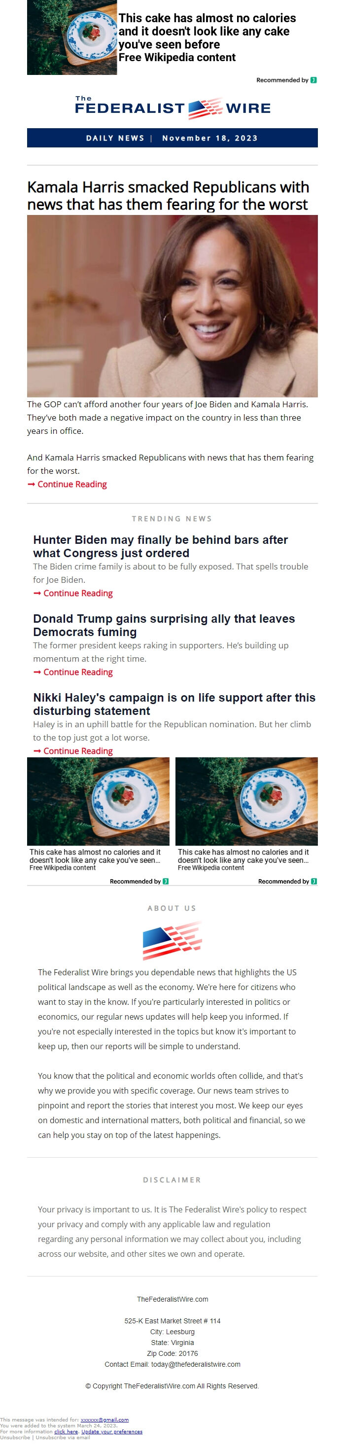 Screenshot of the email generated on import
