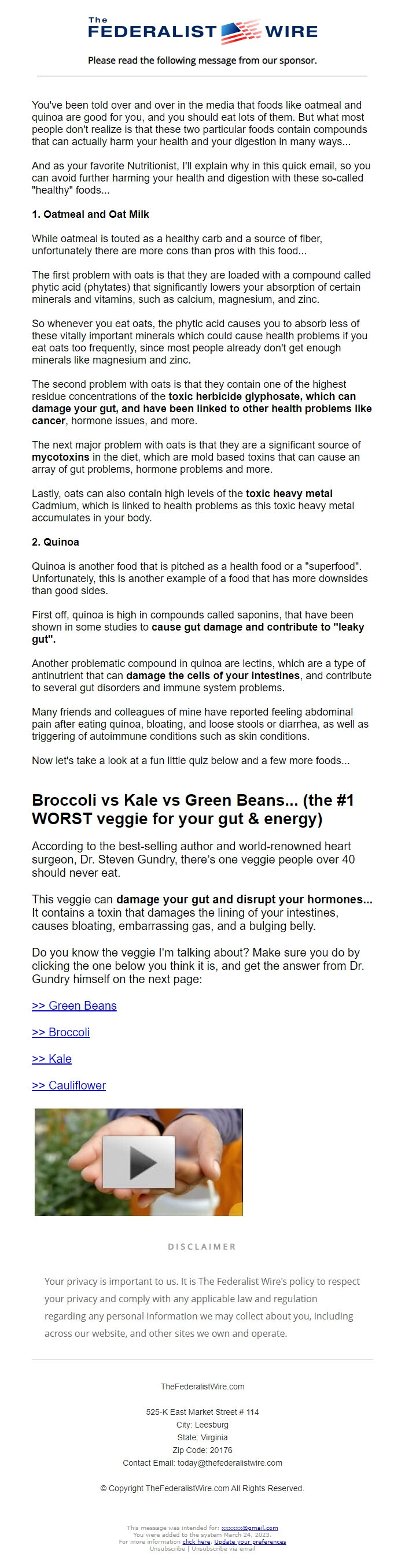 Screenshot of the email generated on import