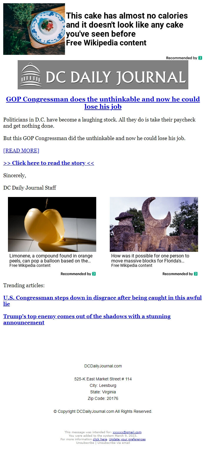 Screenshot of the email generated on import