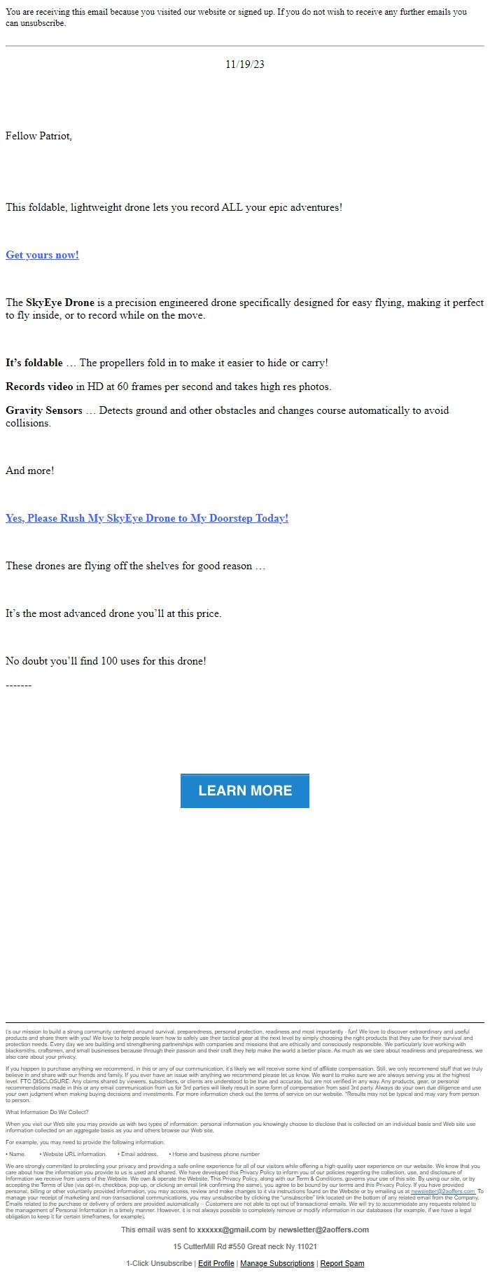 Screenshot of the email generated on import