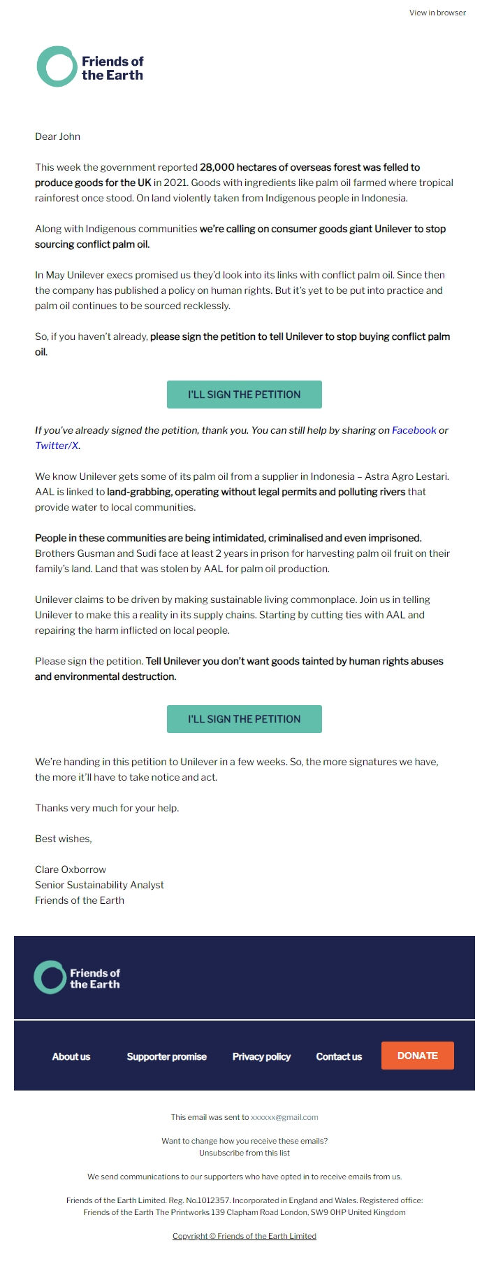 Screenshot of the email generated on import