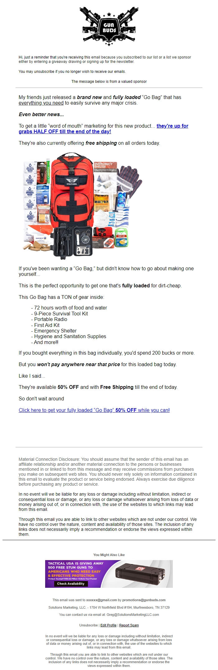 Screenshot of the email generated on import