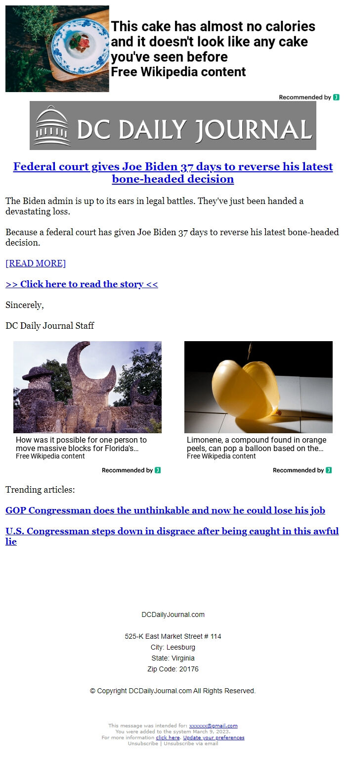 Screenshot of the email generated on import