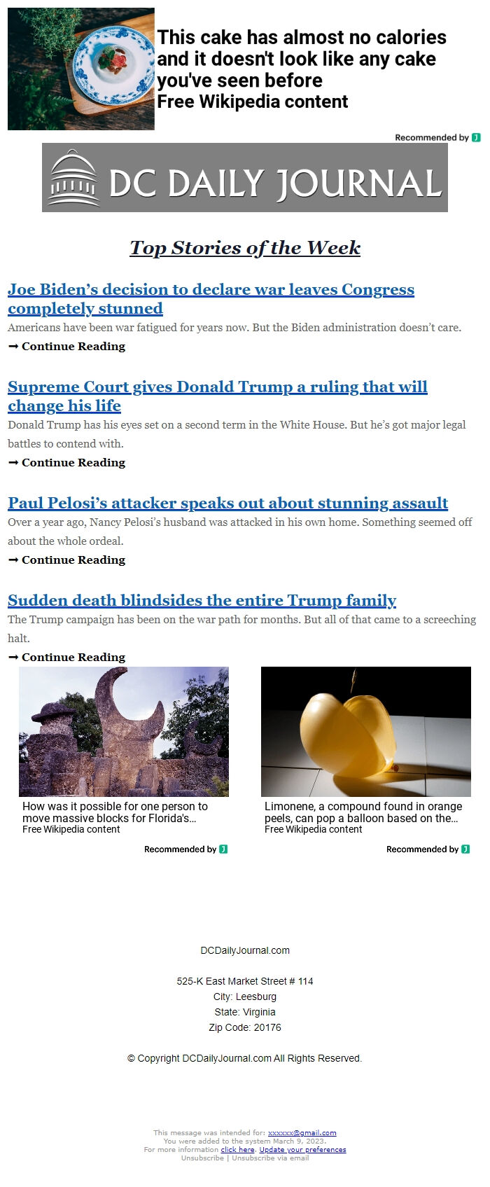 Screenshot of the email generated on import