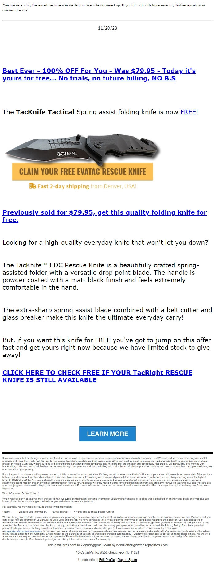 Screenshot of the email generated on import