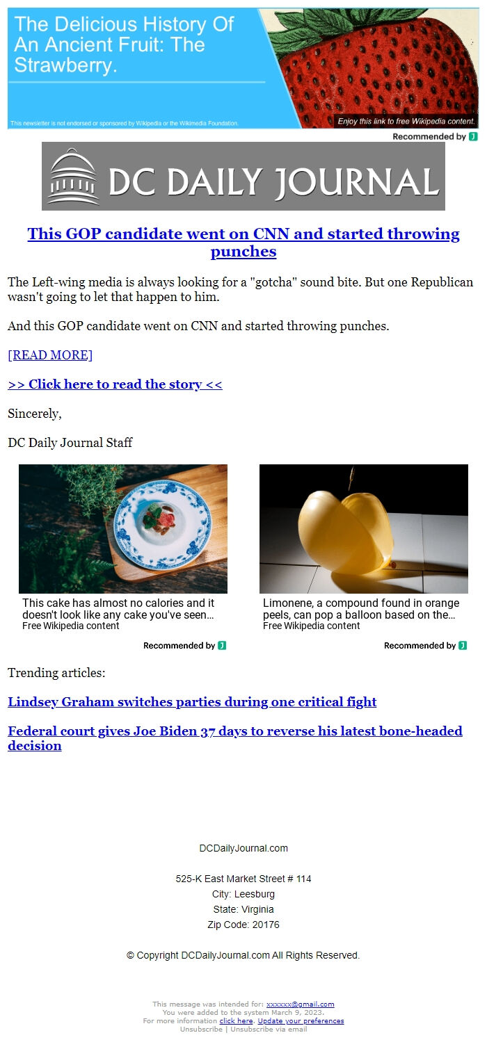 Screenshot of the email generated on import