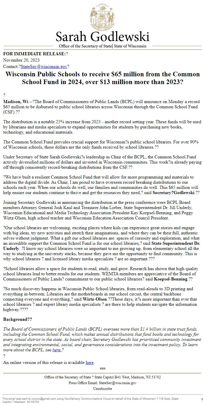 Screenshot of the email generated on import