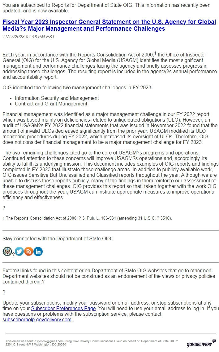 Screenshot of the email generated on import