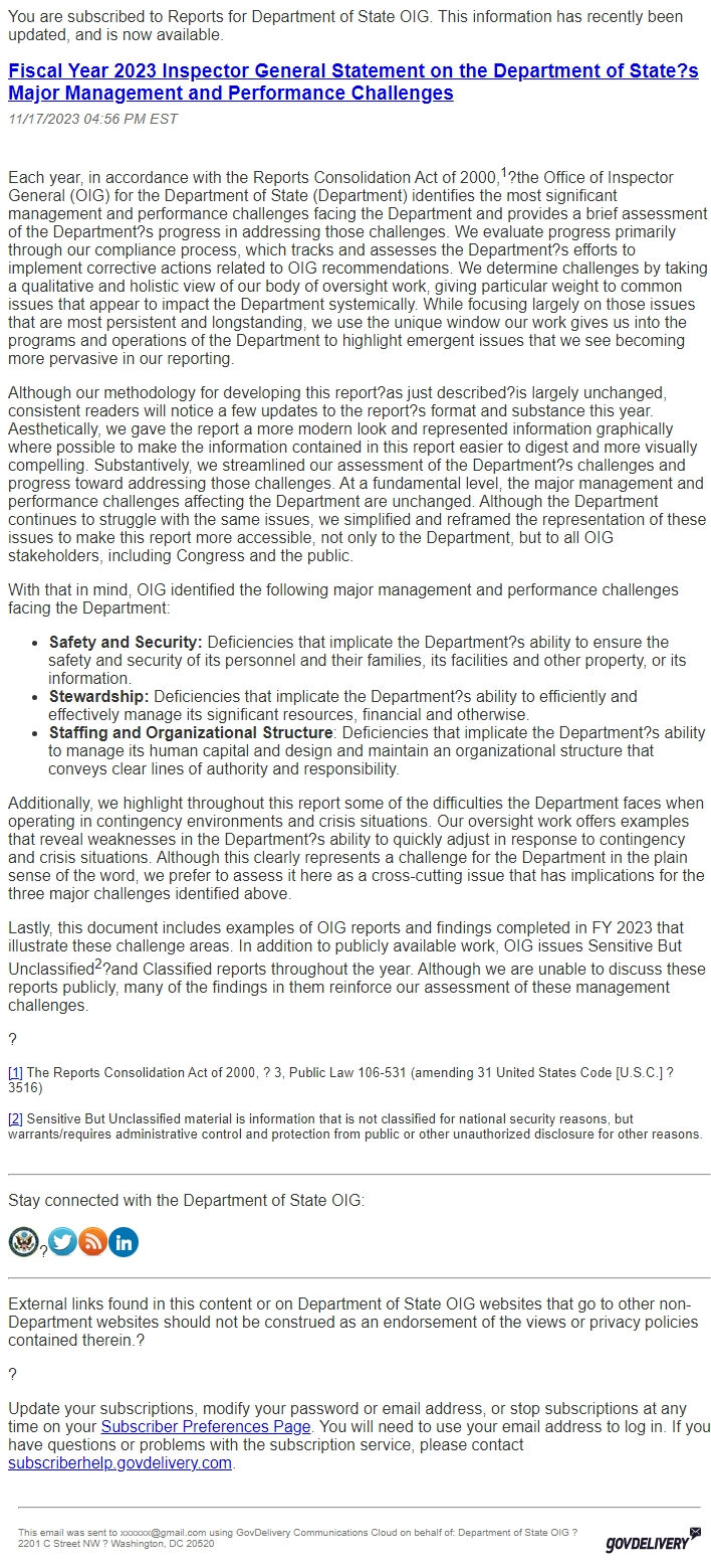 Screenshot of the email generated on import