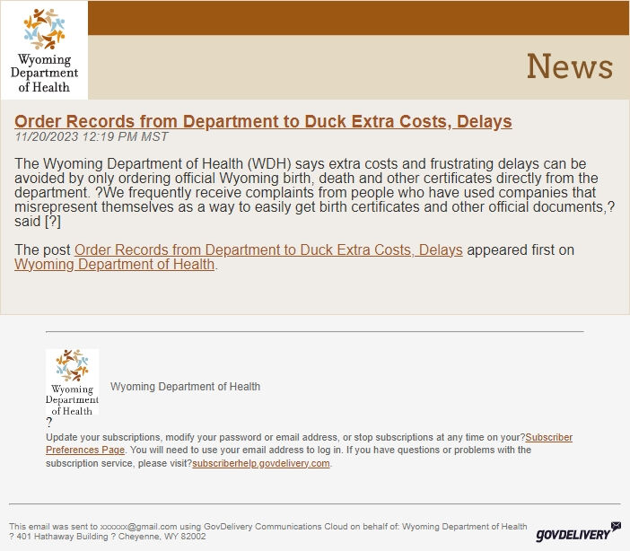 Screenshot of the email generated on import