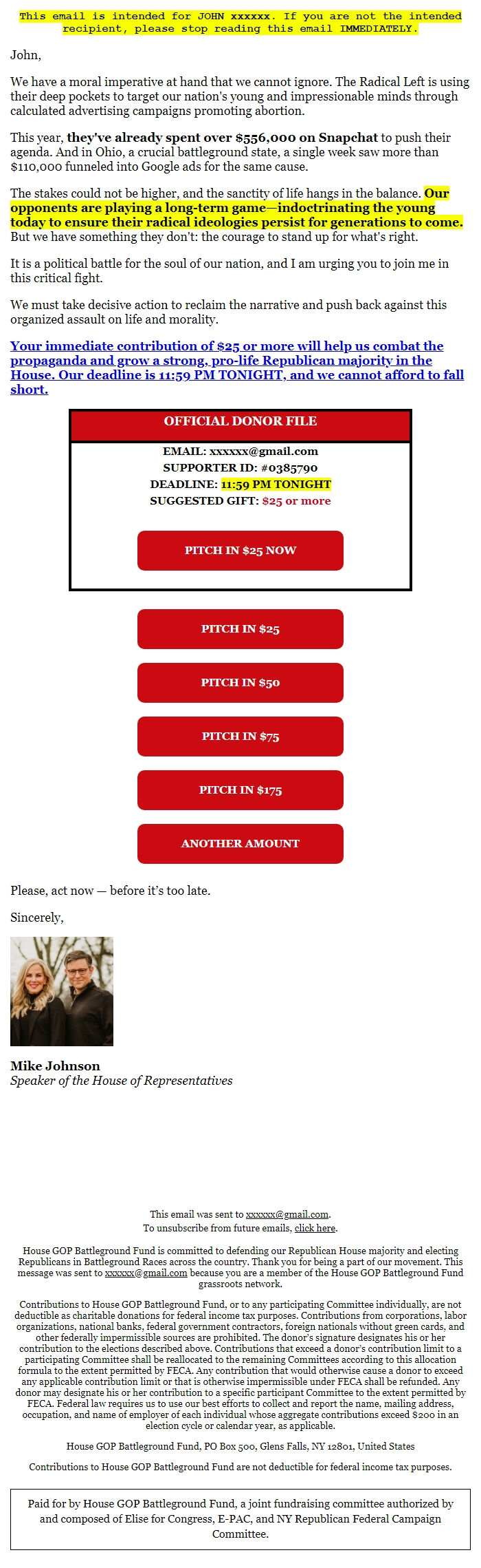 Screenshot of the email generated on import