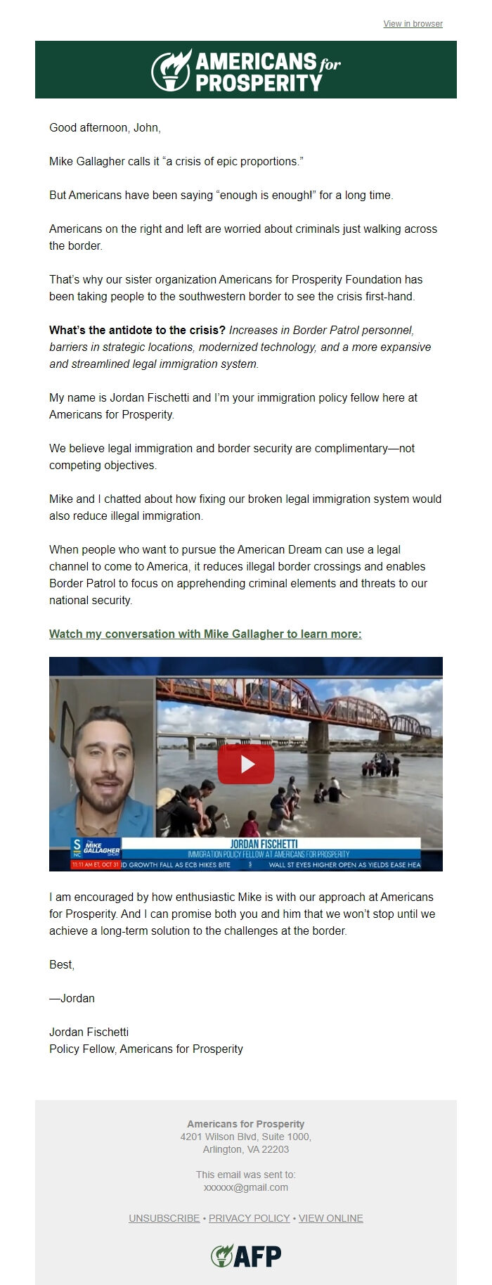 Screenshot of the email generated on import