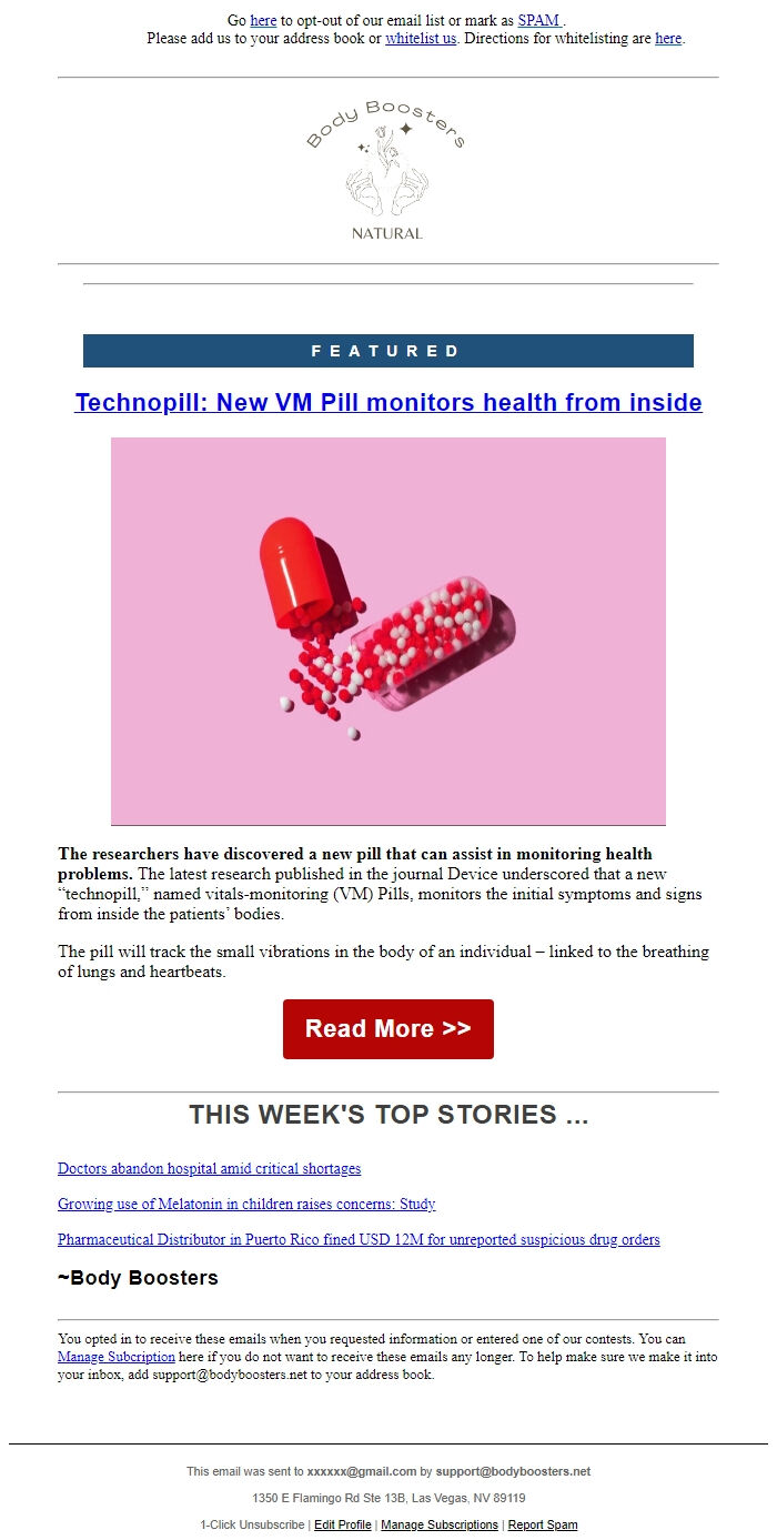 Screenshot of the email generated on import