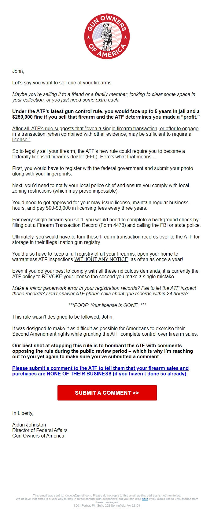 Screenshot of the email generated on import