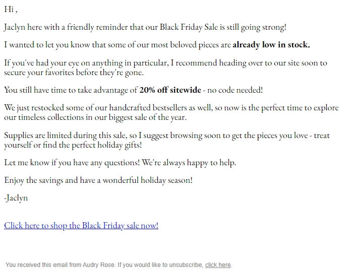 Screenshot of the email generated on import