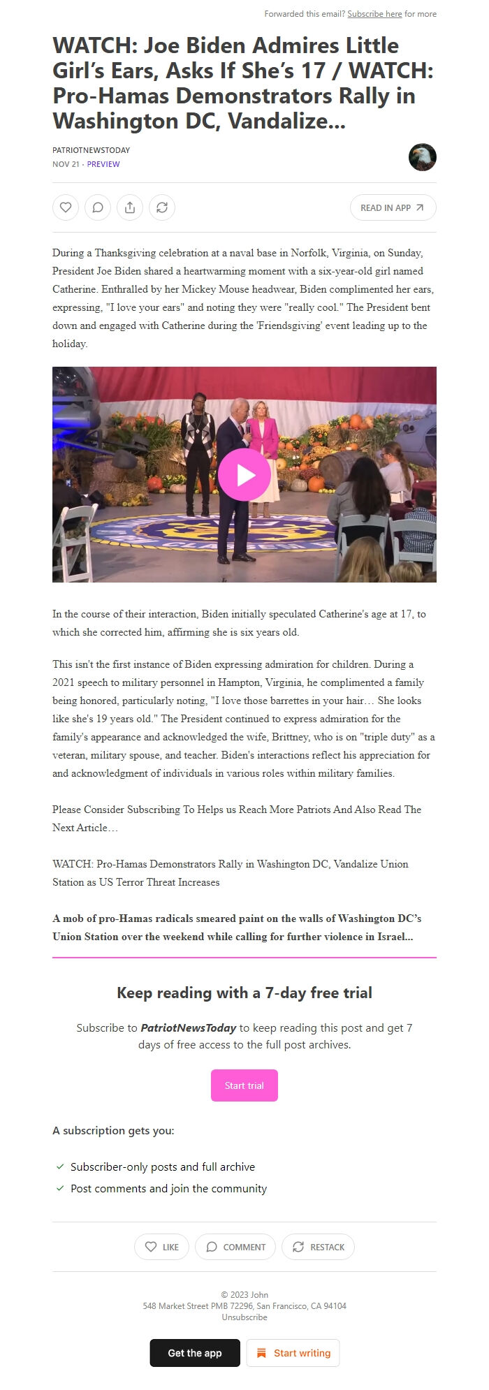 Screenshot of the email generated on import