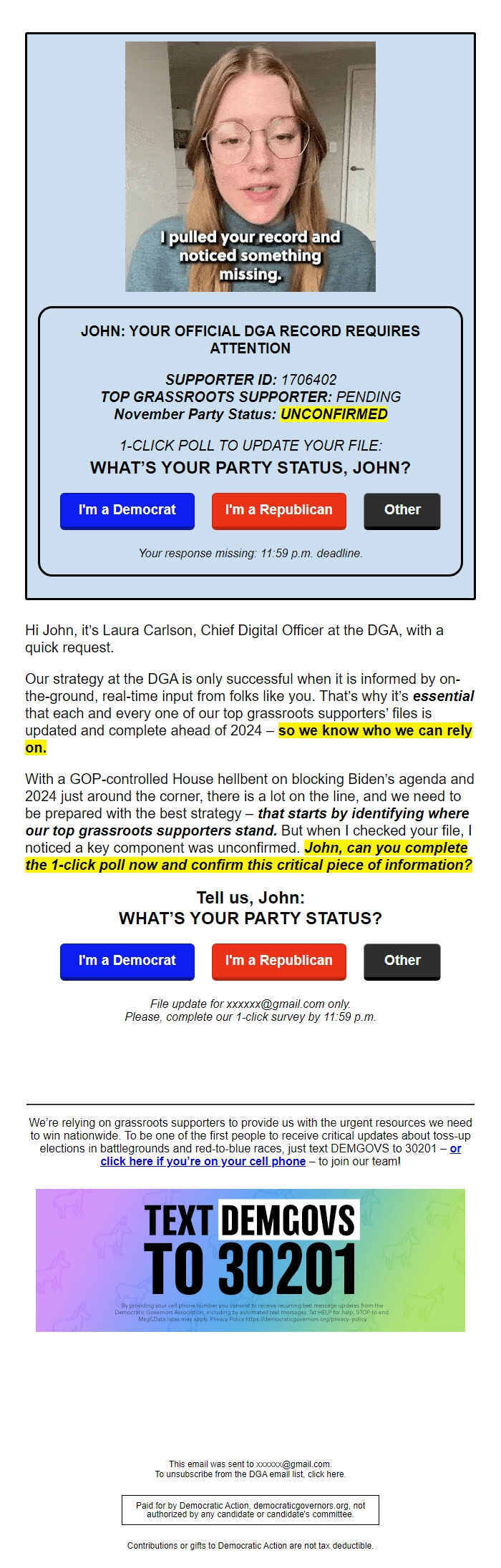 Screenshot of the email generated on import