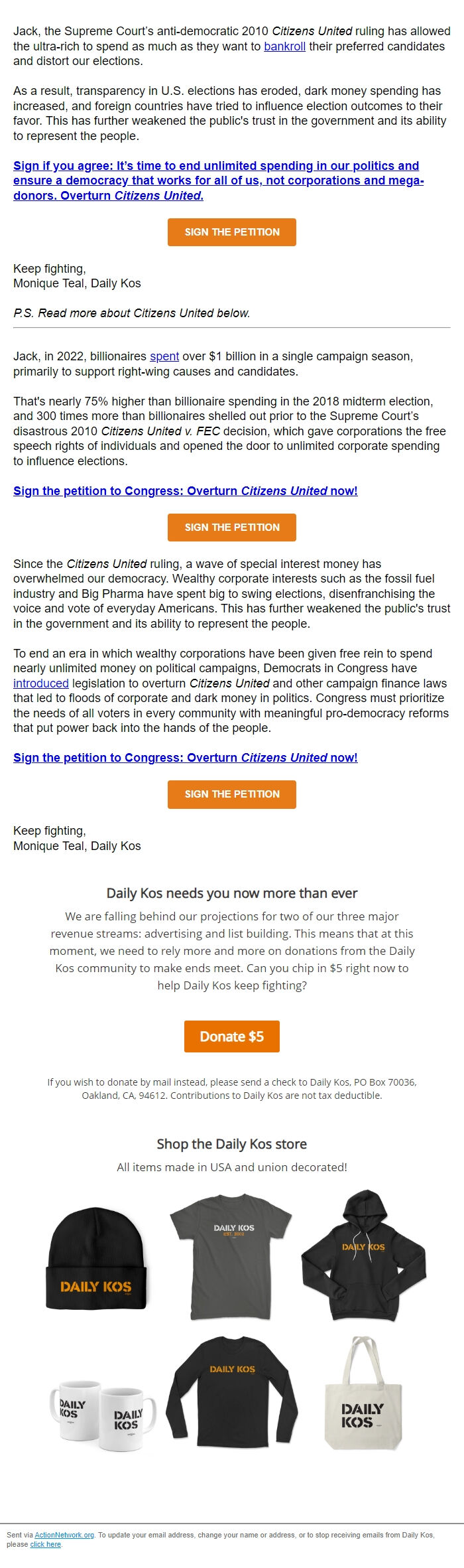 Screenshot of the email generated on import