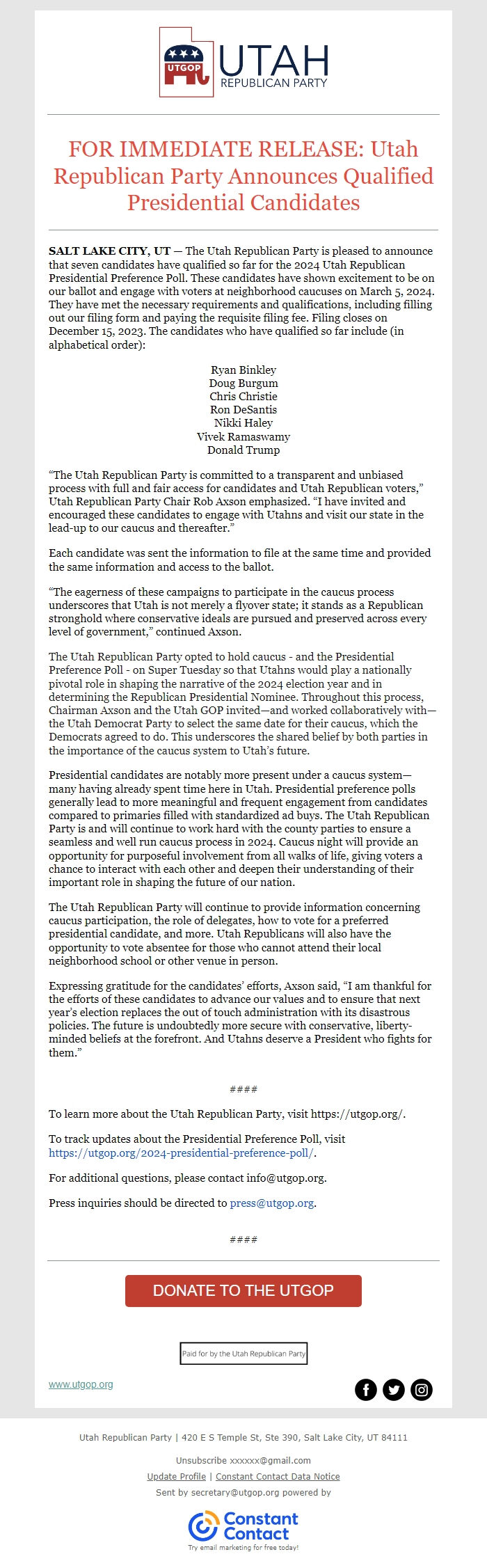 Screenshot of the email generated on import