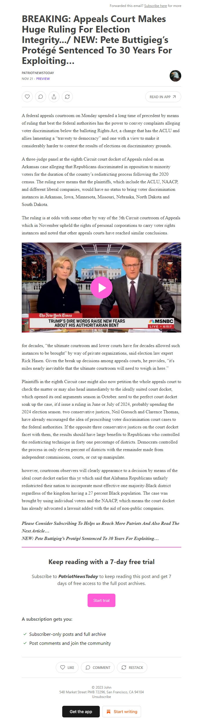 Screenshot of the email generated on import