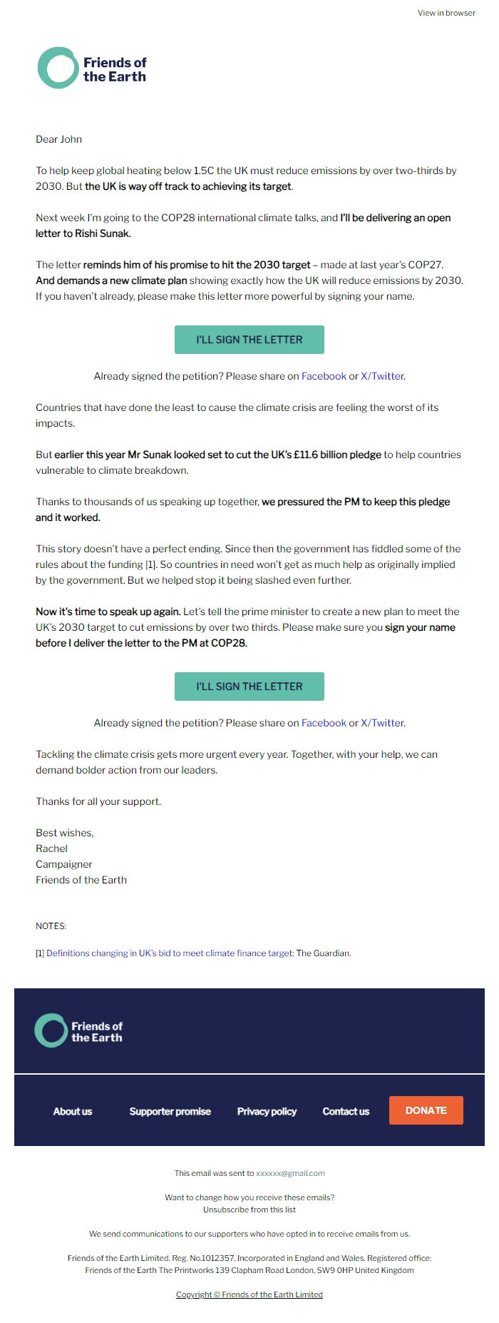 Screenshot of the email generated on import