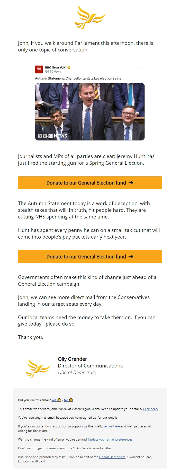 Screenshot of the email generated on import