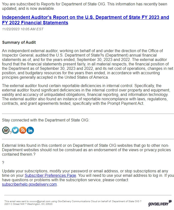 Screenshot of the email generated on import