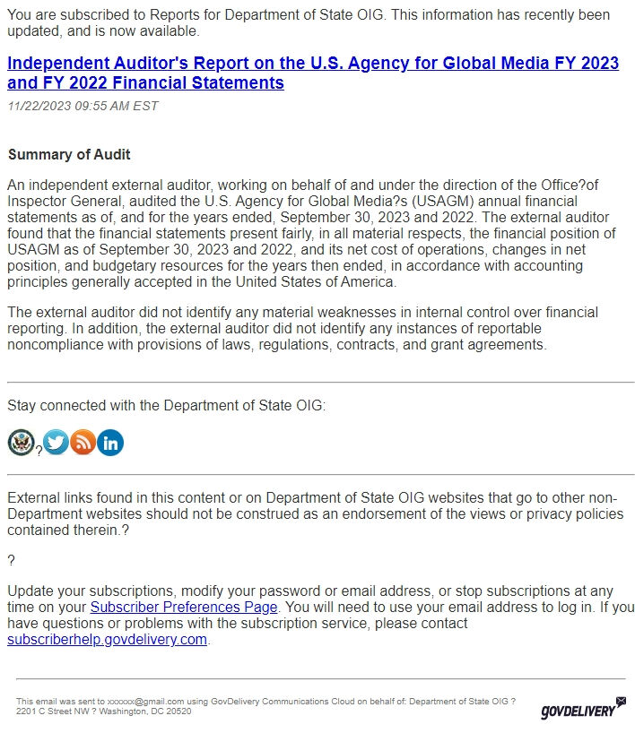 Screenshot of the email generated on import